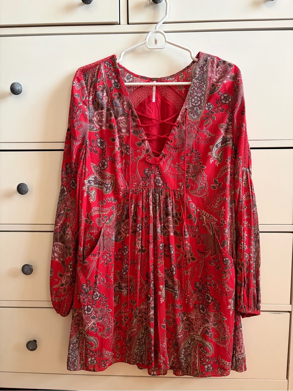 Free People Red Paisley Tie-Front Boho Dress size s